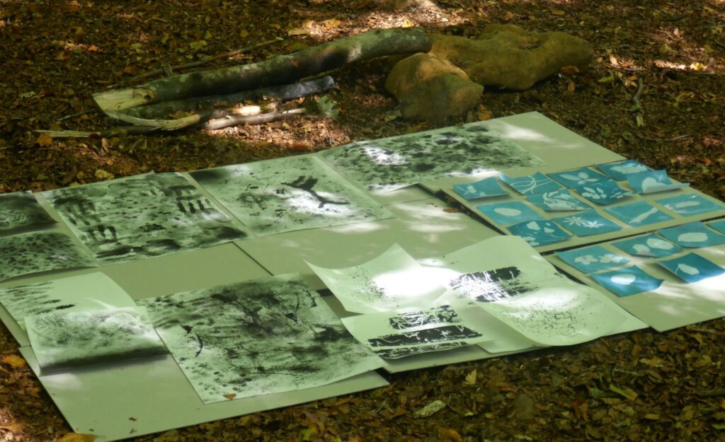 Kunstwerke ausgebreitet auf dem Waldboden.