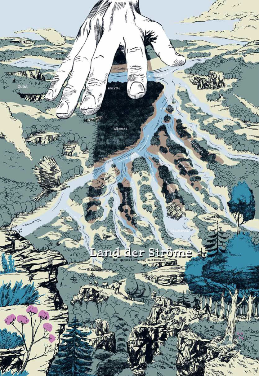 Illustrierte Landkarte mit Flüssen und Hügelzügen und einer grossen Hand, die über der Karte schwebt und einen Schatten wirft.