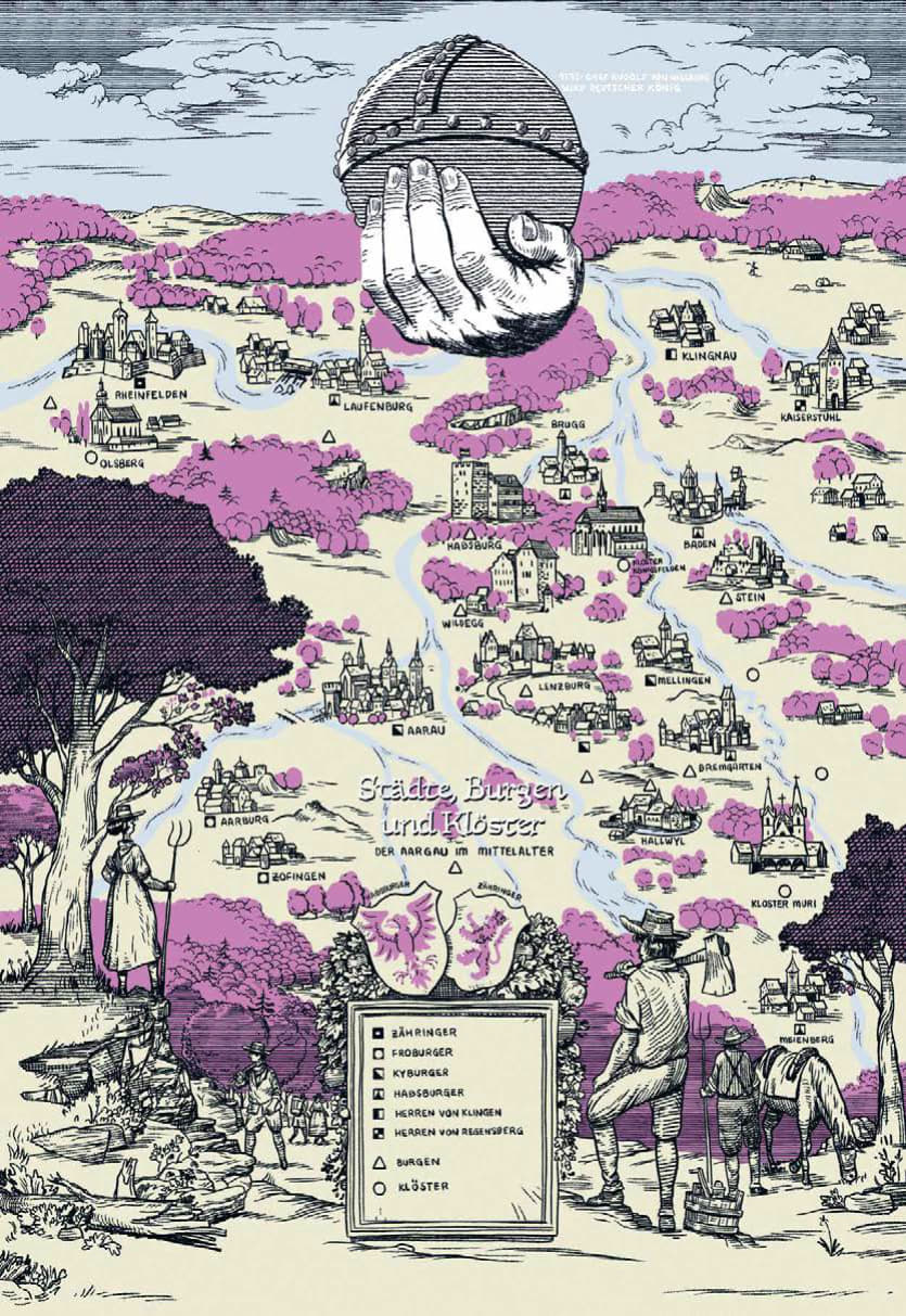 Illustration einer Landkarte mit Klöstern, Burgen, Kirchen und Schlössern. Darüber schwebt eine Hand, die einen Reichsapfel hält.